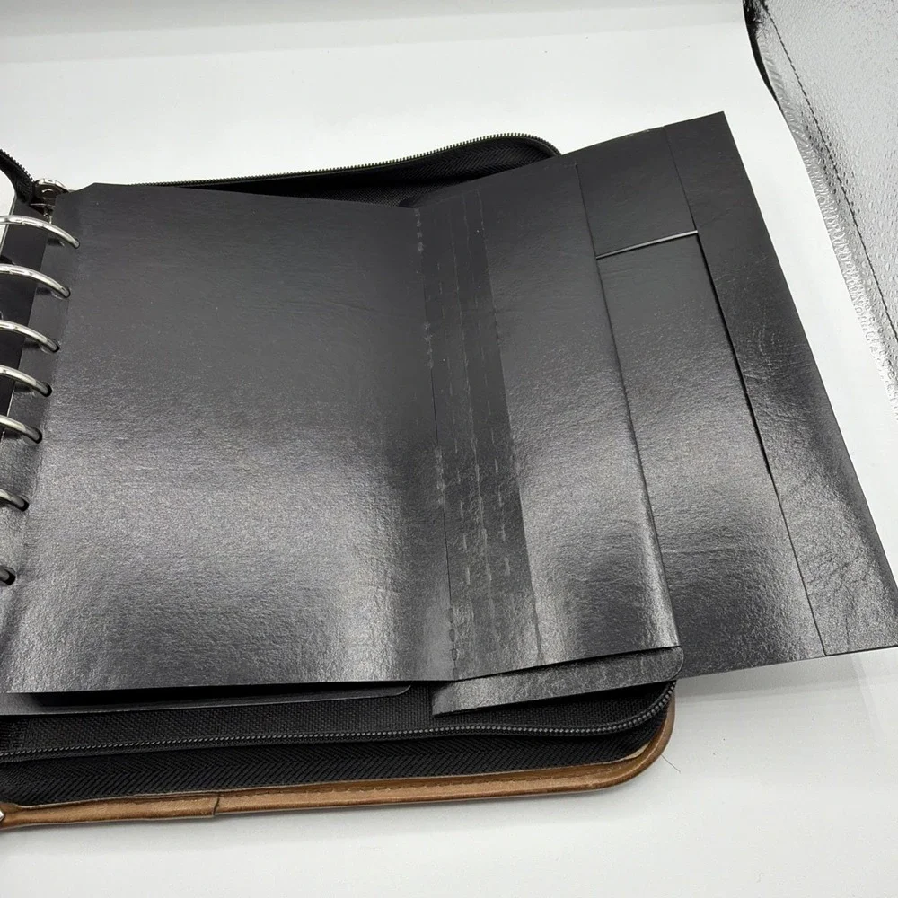Vtg. Franklin Quest ~Blk. Canvas/Brown Leather Trim ~Green Line Planner Zip